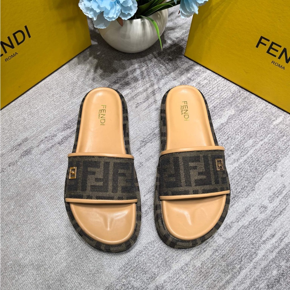 Fendi Women's Logo Canvas Slide Sandals in Brown/Tan